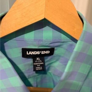 Lands' End Men's Blue and Green Plaid Shirt